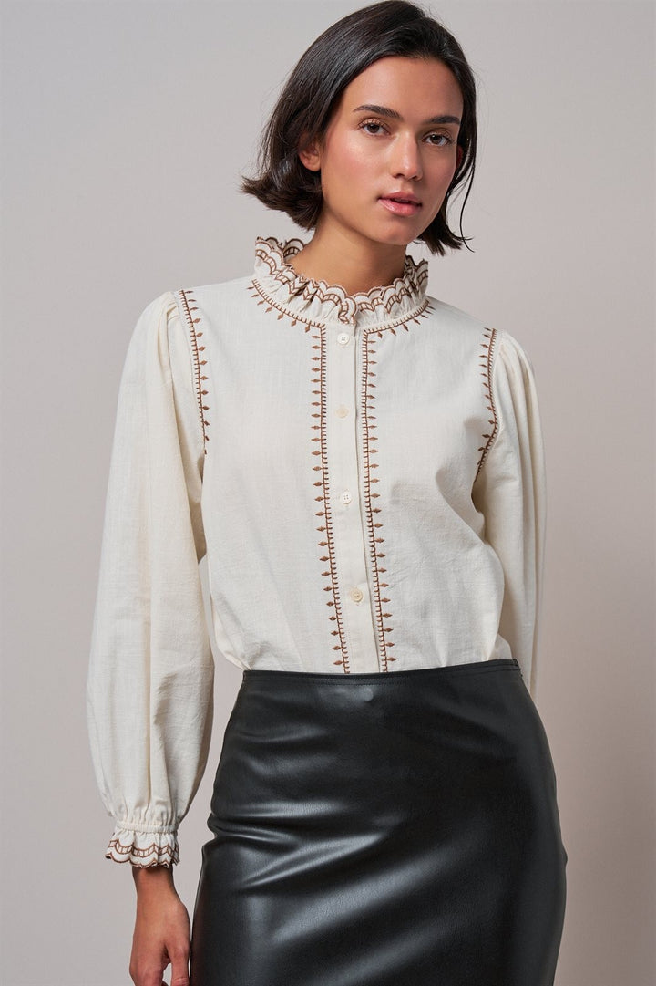 Embroidered Ruffle Neck Cotton Blouse in Ivory - Women's Wholesale Shirts & Blouses | Trend Notes