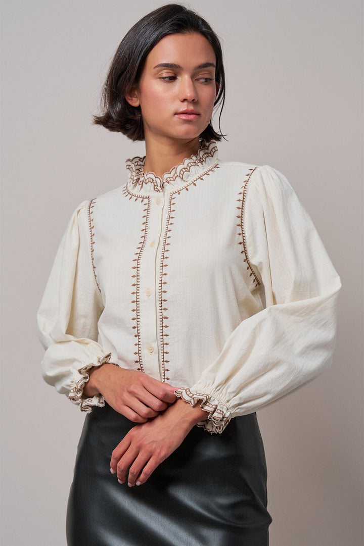 Embroidered Ruffle Neck Cotton Blouse in Ivory - Women's Wholesale Shirts & Blouses | Trend Notes