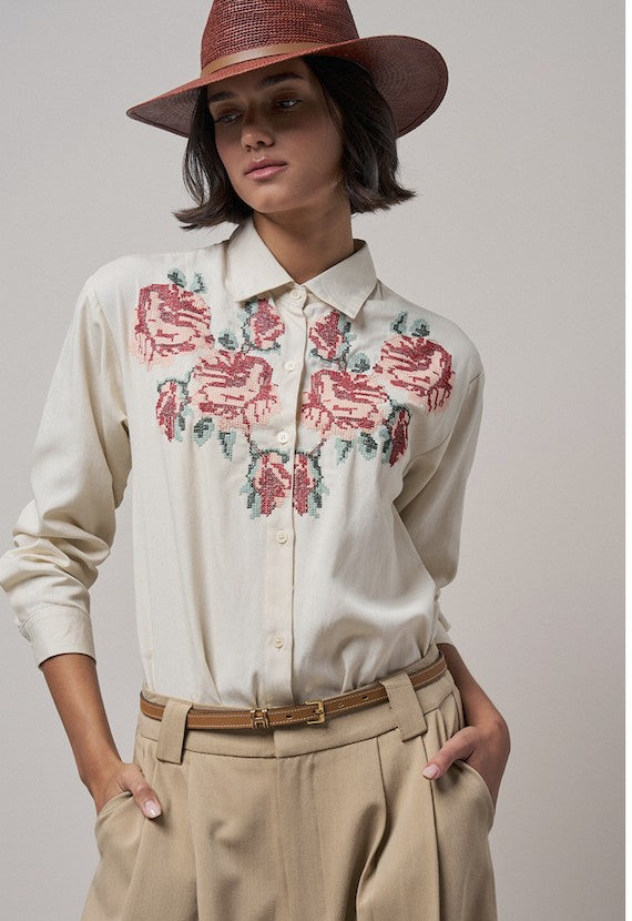 Cross-Stitch Floral Embroidered Button-Down Blouse in Ivory - Women's Wholesale Shirts & Blouses | Trend Notes