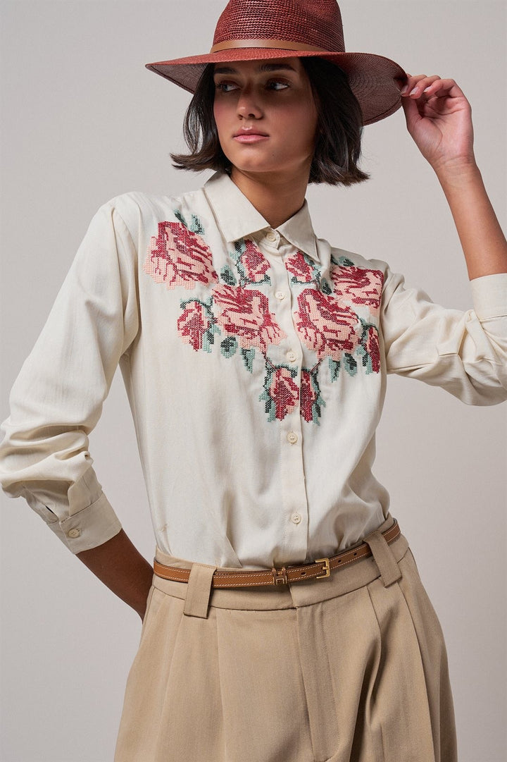 Cross-Stitch Floral Embroidered Button-Down Blouse in Ivory - Women's Wholesale Shirts & Blouses | Trend Notes