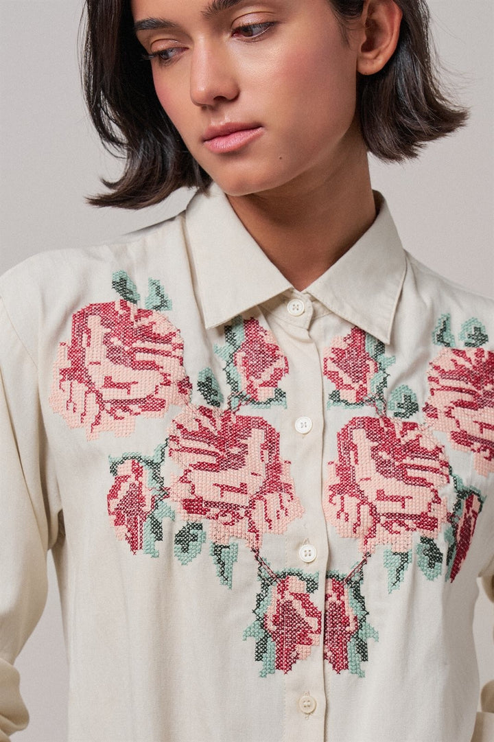 Cross-Stitch Floral Embroidered Button-Down Blouse in Ivory - Women's Wholesale Shirts & Blouses | Trend Notes