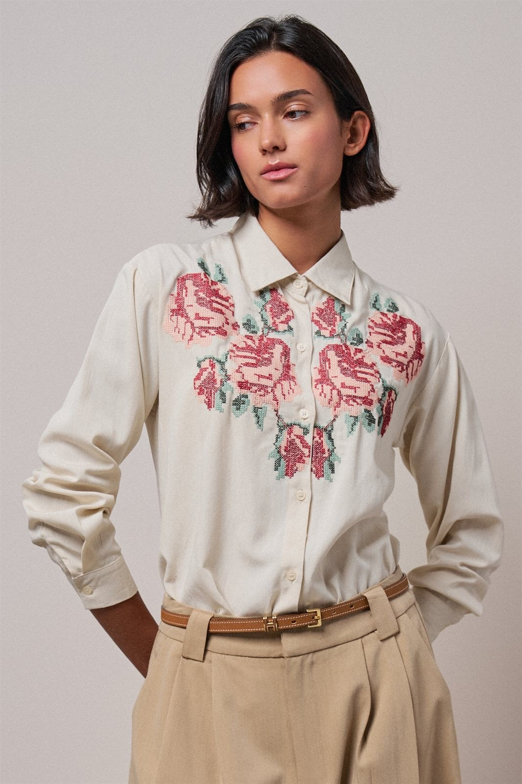 Cross-Stitch Floral Embroidered Button-Down Blouse in Ivory - Women's Wholesale Shirts & Blouses | Trend Notes