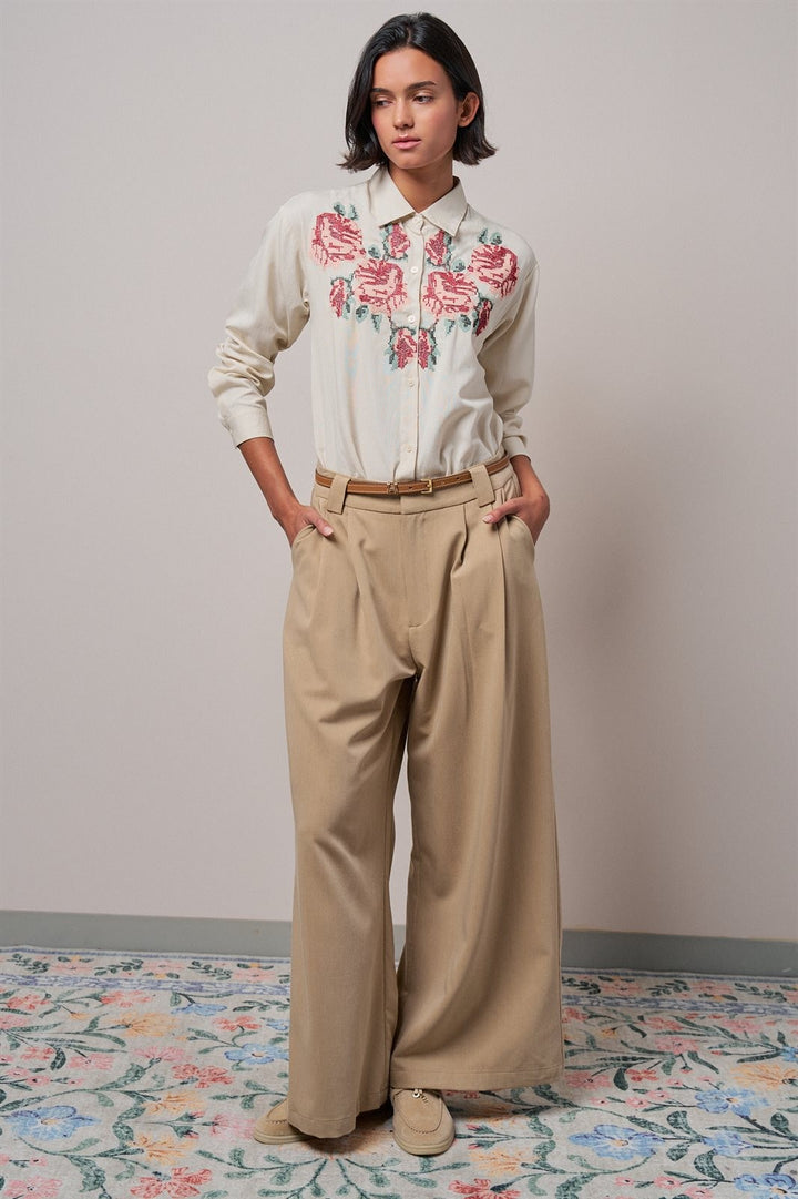 Cross-Stitch Floral Embroidered Button-Down Blouse in Ivory - Women's Wholesale Shirts & Blouses | Trend Notes