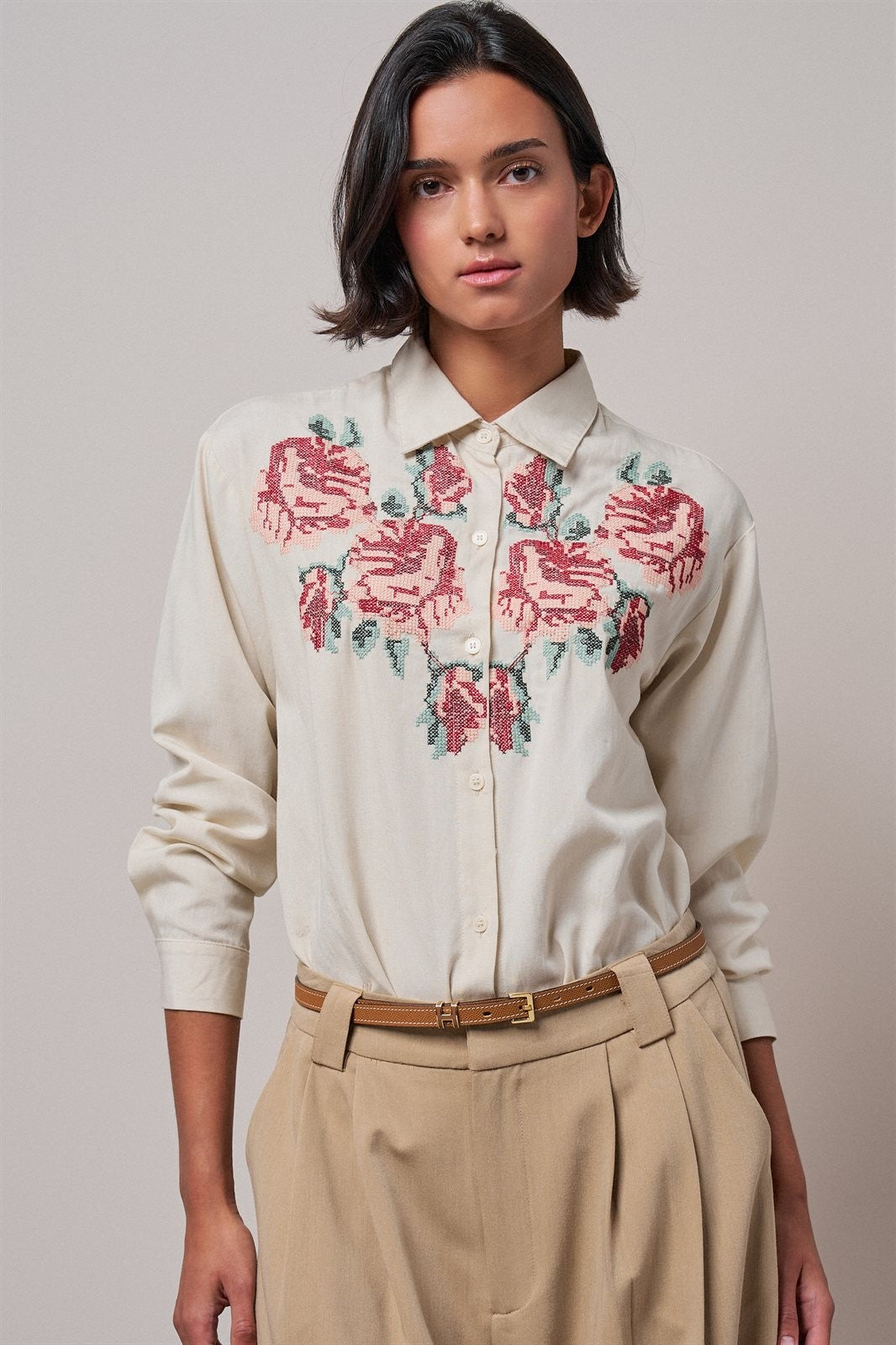Cross-Stitch Floral Embroidered Button-Down Blouse in Ivory - Women's Wholesale Shirts & Blouses | Trend Notes