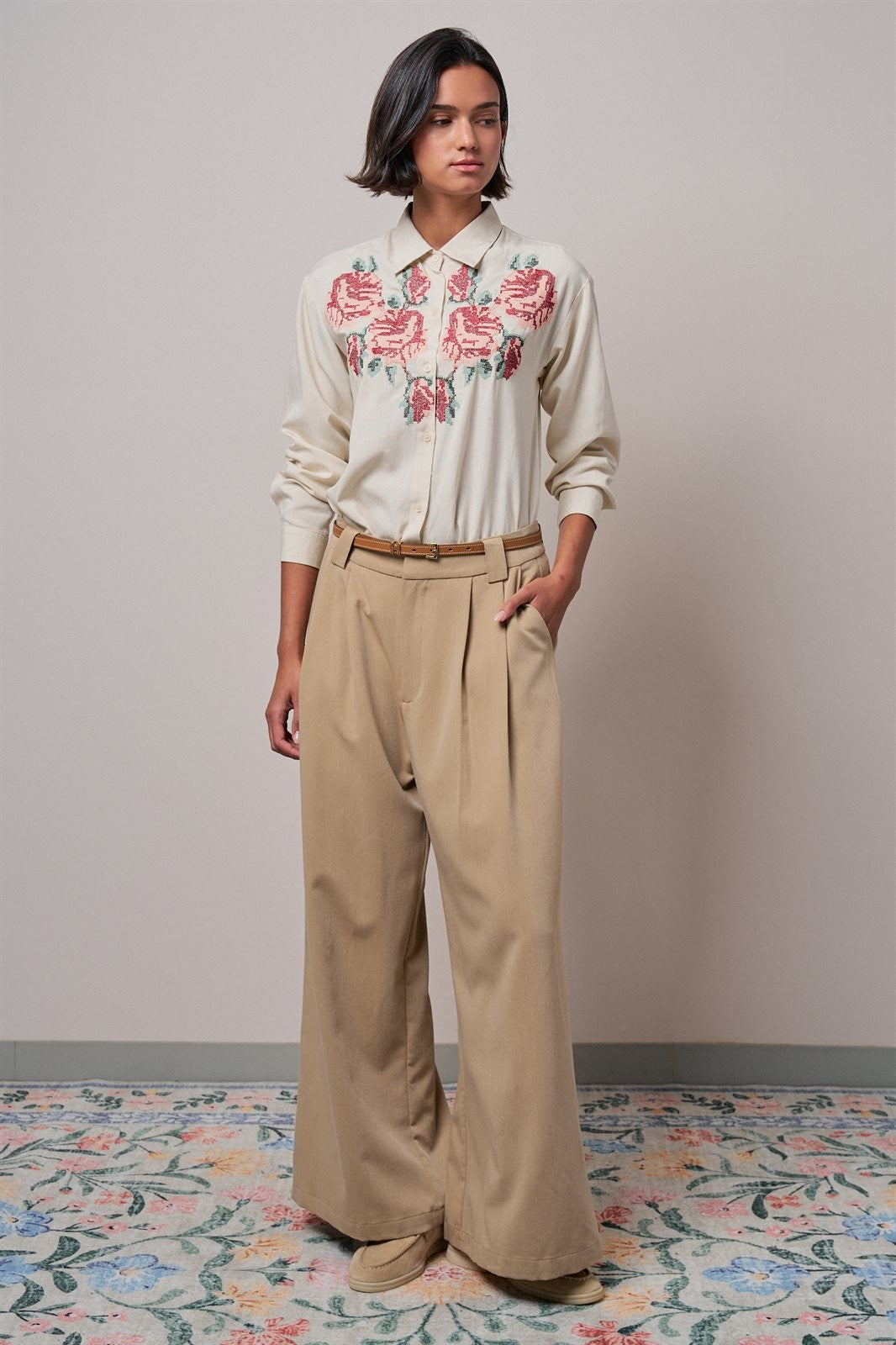 Cross-Stitch Floral Embroidered Button-Down Blouse in Ivory - Women's Wholesale Shirts & Blouses | Trend Notes