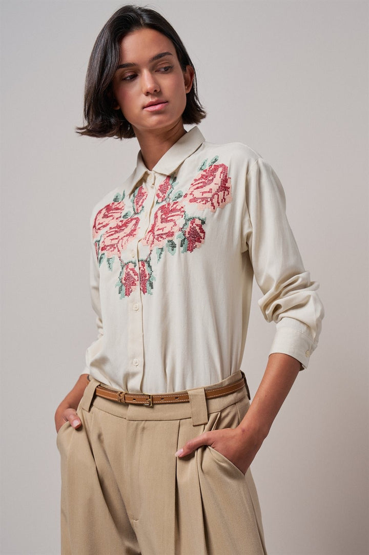 Cross-Stitch Floral Embroidered Button-Down Blouse in Ivory - Women's Wholesale Shirts & Blouses | Trend Notes