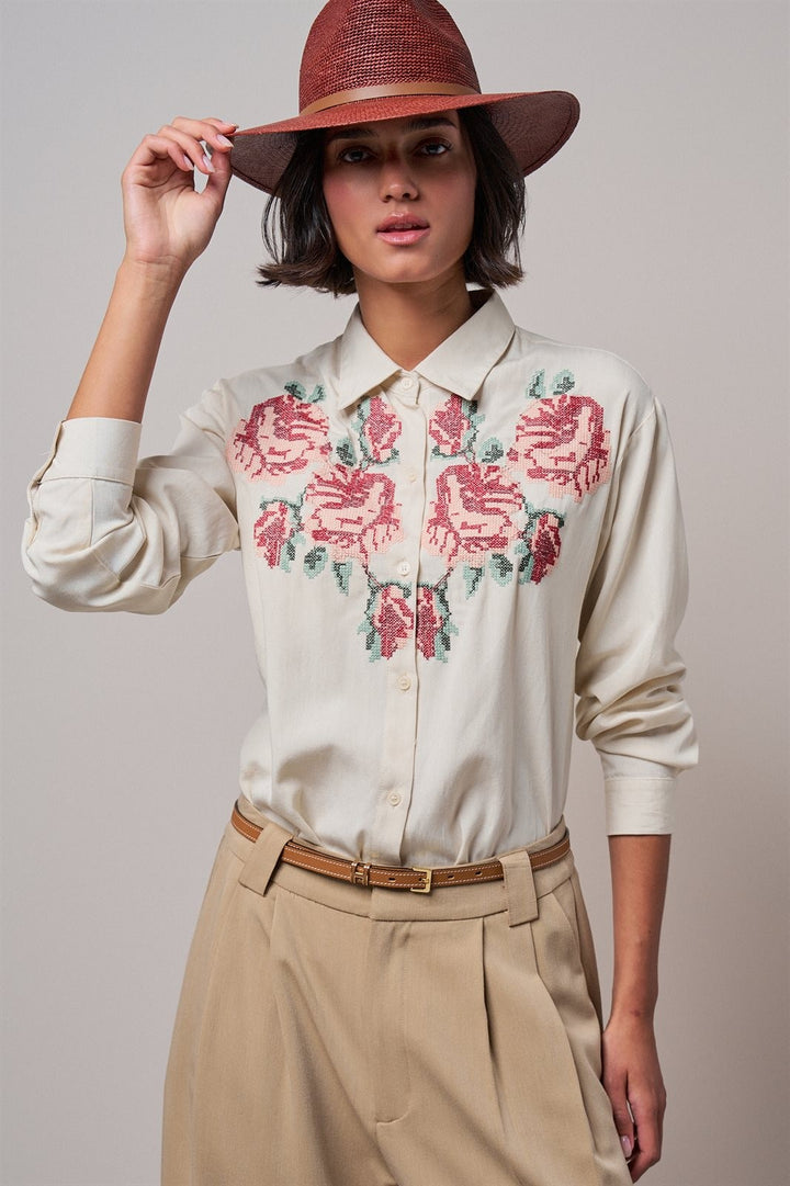 Cross-Stitch Floral Embroidered Button-Down Blouse in Ivory - Women's Wholesale Shirts & Blouses | Trend Notes