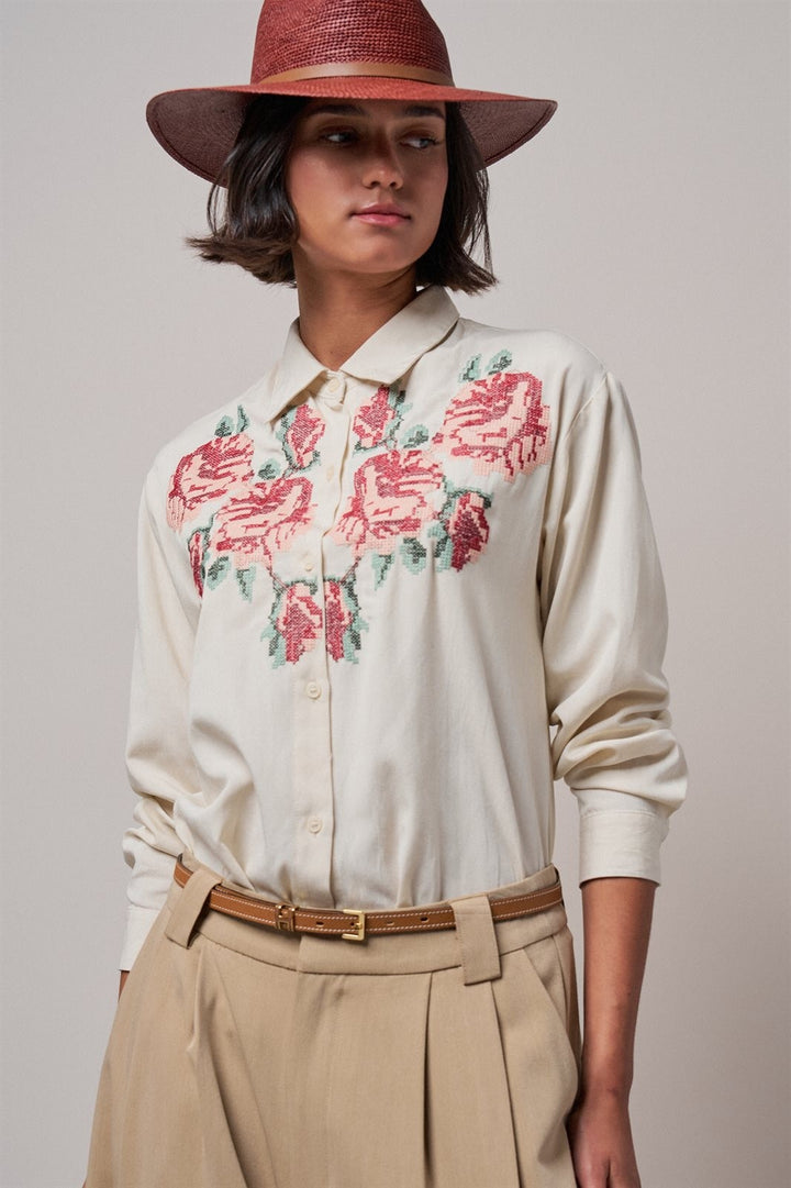 Cross-Stitch Floral Embroidered Button-Down Blouse in Ivory - Women's Wholesale Shirts & Blouses | Trend Notes