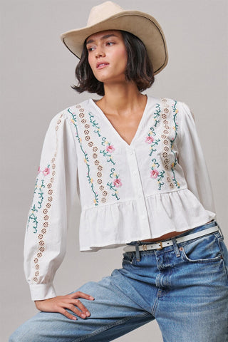 Folk Song Embroidered Peplum Blouse in White - Women's Wholesale Shirts & Blouses | Trend Notes