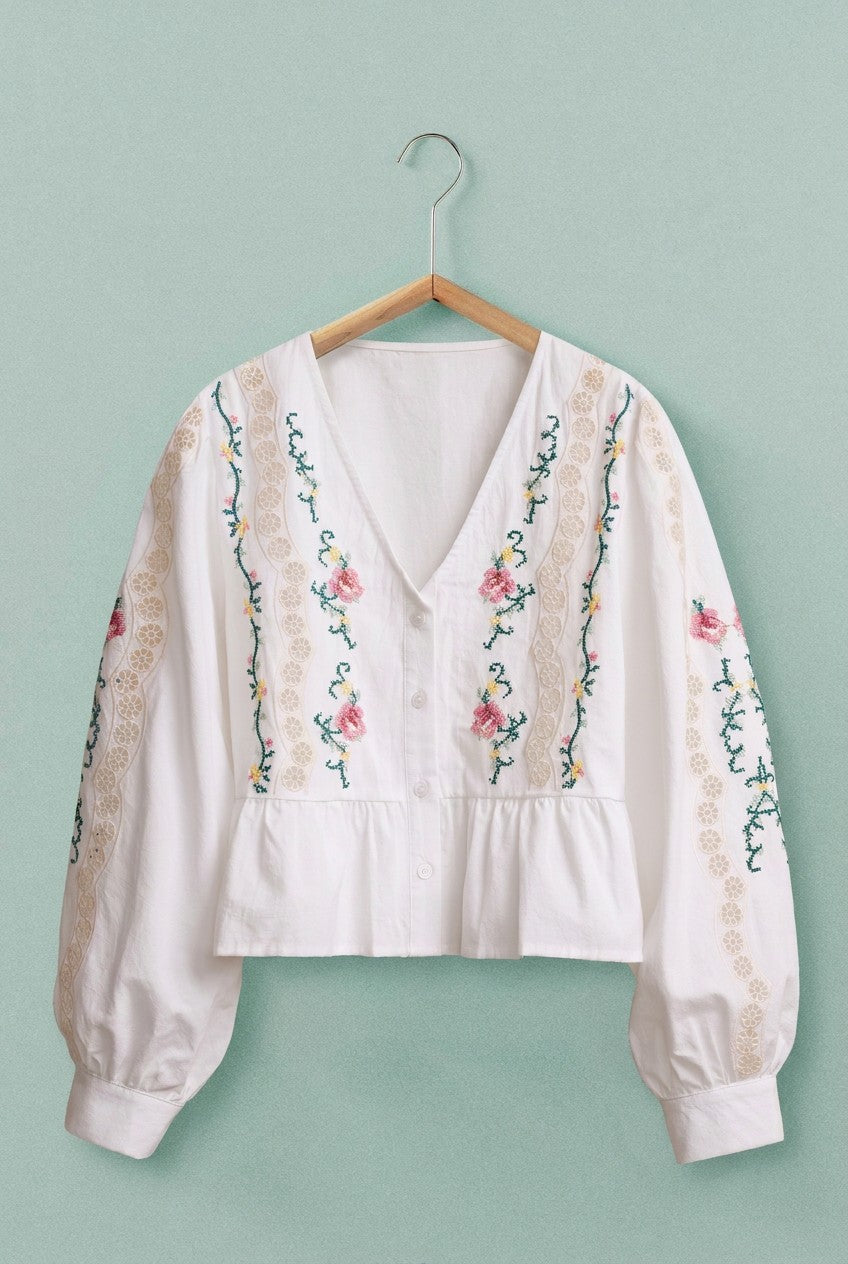 Folk Song Embroidered Peplum Blouse in White - Women's Wholesale Shirts & Blouses | Trend Notes