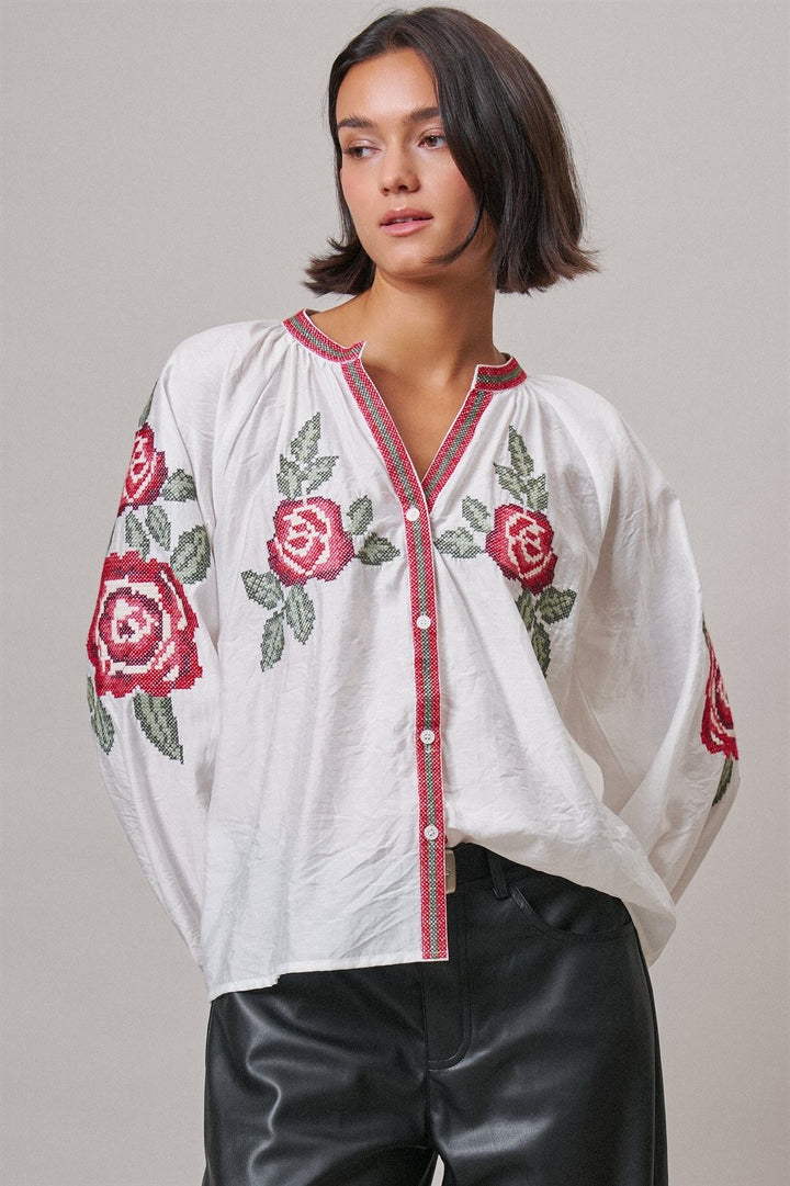 Cross-Stitch Rose Embroidered Peasant Blouse in Ivory - Women's Wholesale Shirts & Blouses | Trend Notes