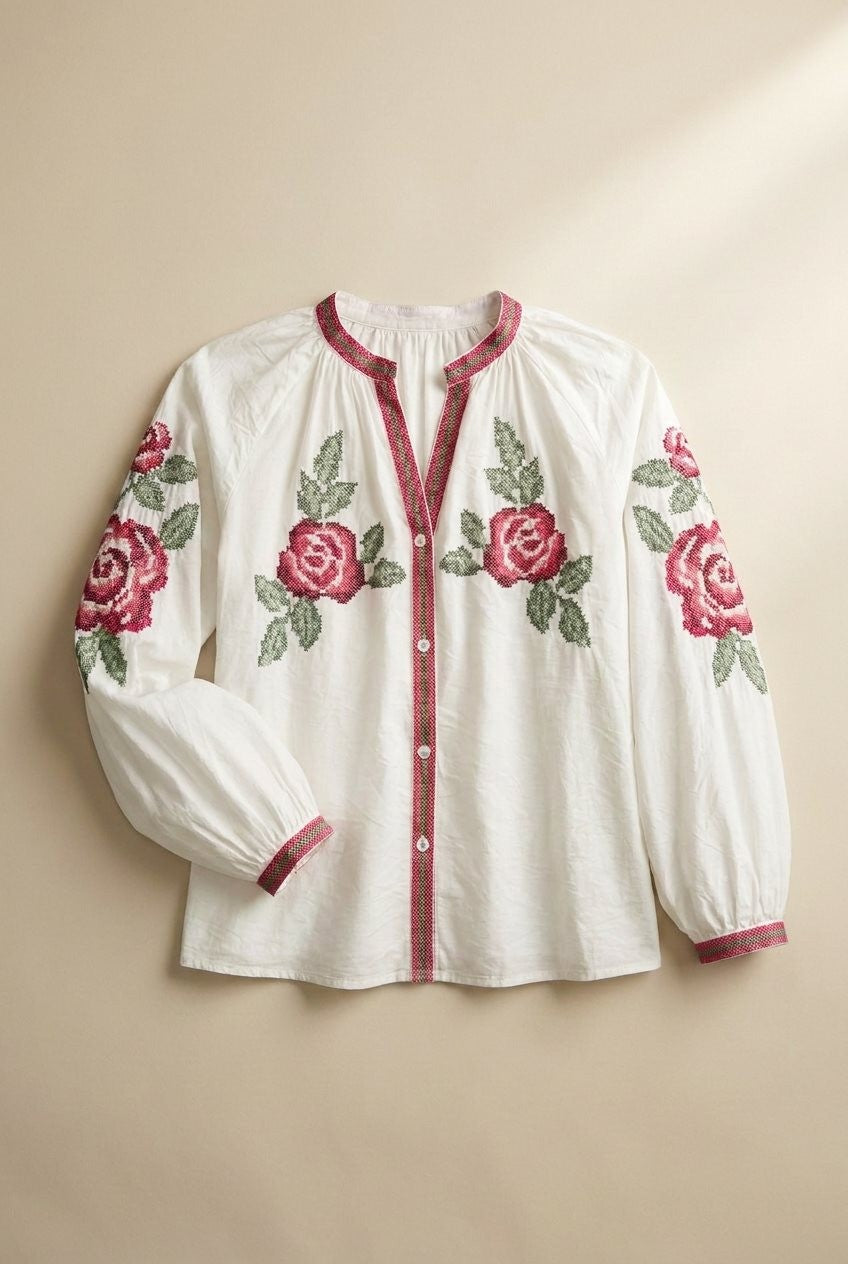 Cross-Stitch Rose Embroidered Peasant Blouse in Ivory - Women's Wholesale Shirts & Blouses | Trend Notes