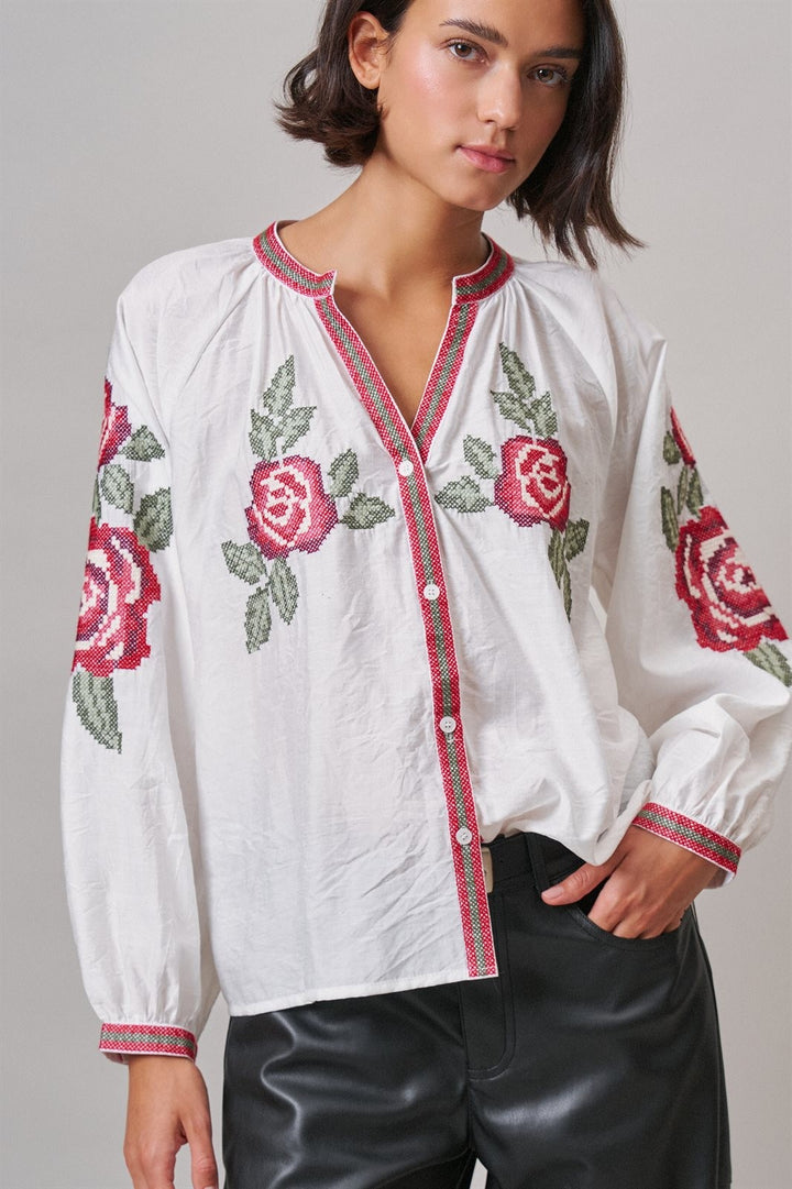 Cross-Stitch Rose Embroidered Peasant Blouse in Ivory - Women's Wholesale Shirts & Blouses | Trend Notes