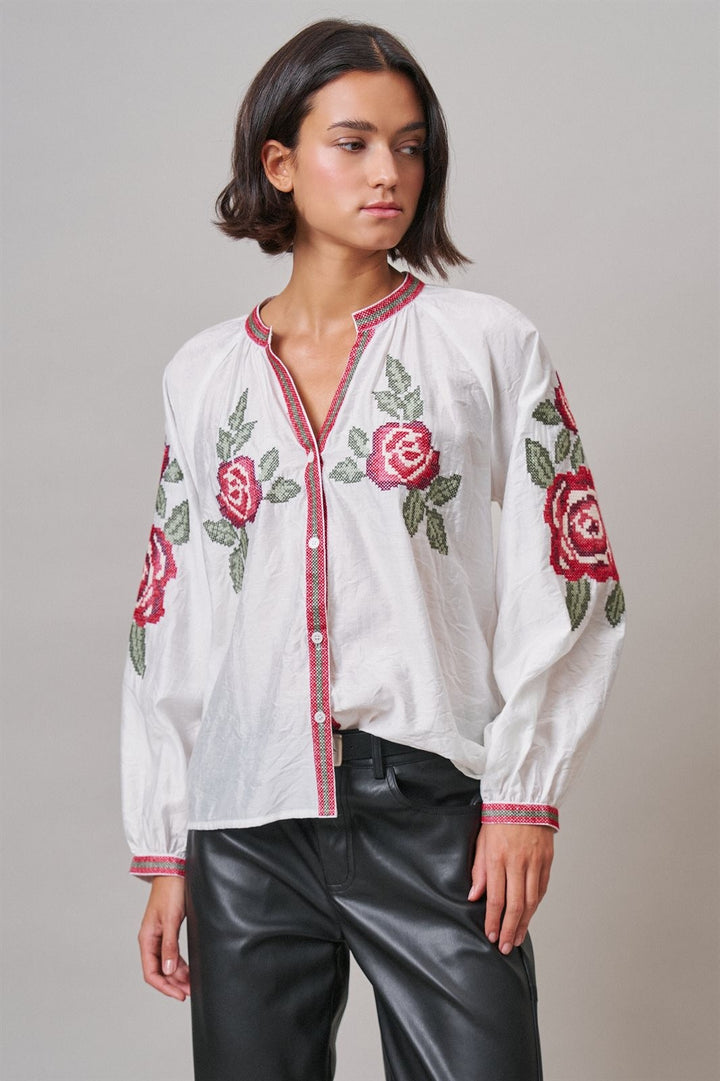 Cross-Stitch Rose Embroidered Peasant Blouse in Ivory - Women's Wholesale Shirts & Blouses | Trend Notes