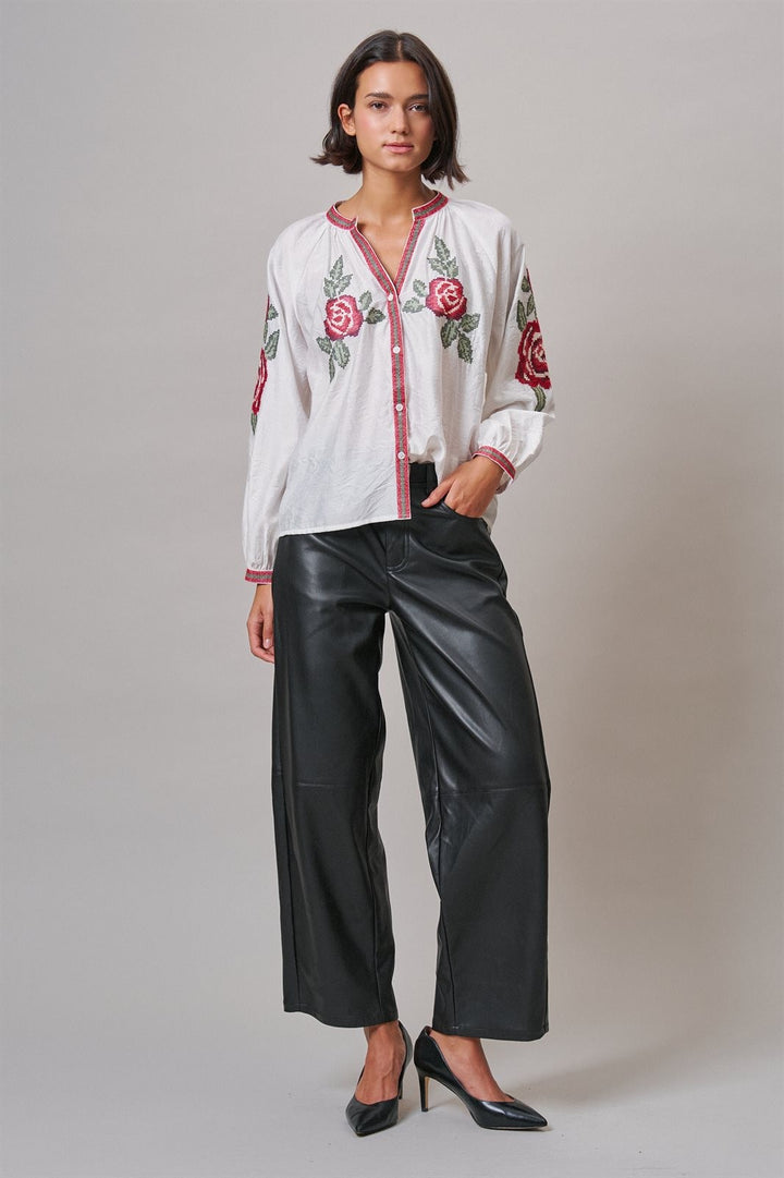 Cross-Stitch Rose Embroidered Peasant Blouse in Ivory - Women's Wholesale Shirts & Blouses | Trend Notes