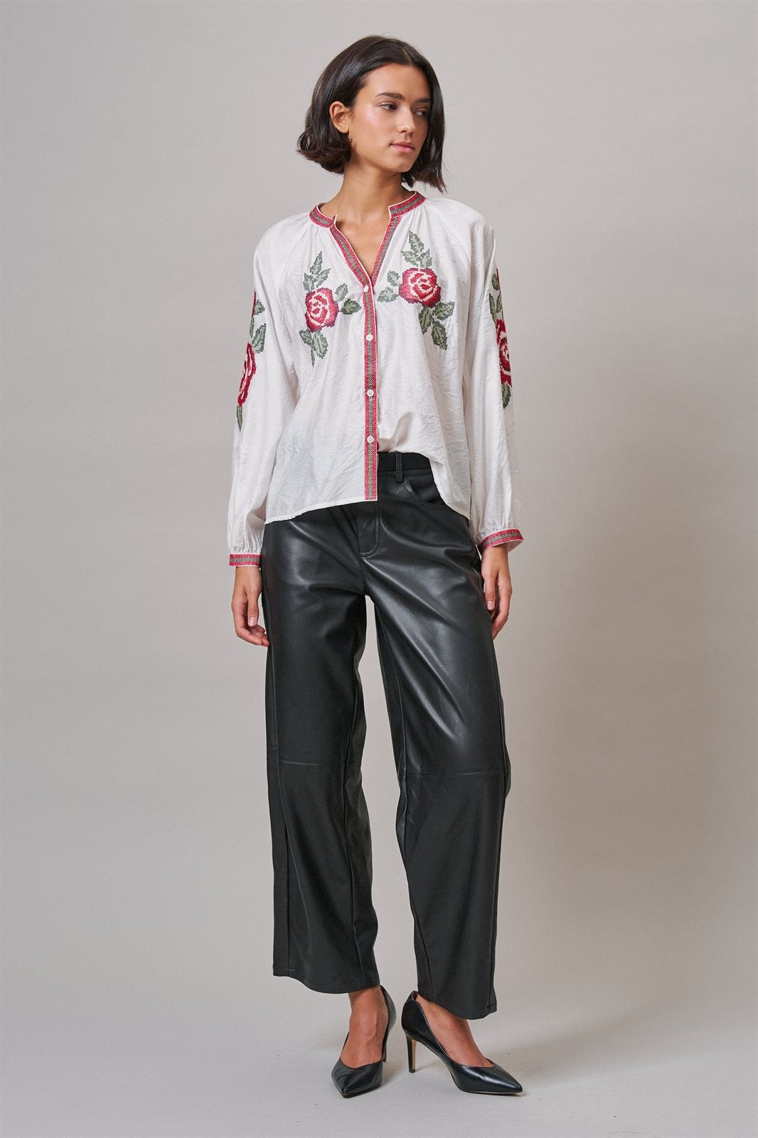 Cross-Stitch Rose Embroidered Peasant Blouse in Ivory - Women's Wholesale Shirts & Blouses | Trend Notes