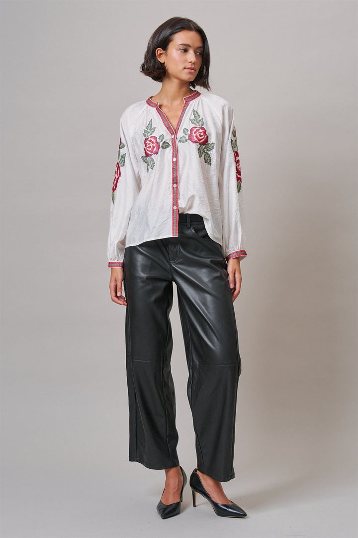 Cross-Stitch Rose Embroidered Peasant Blouse in Ivory - Women's Wholesale Shirts & Blouses | Trend Notes