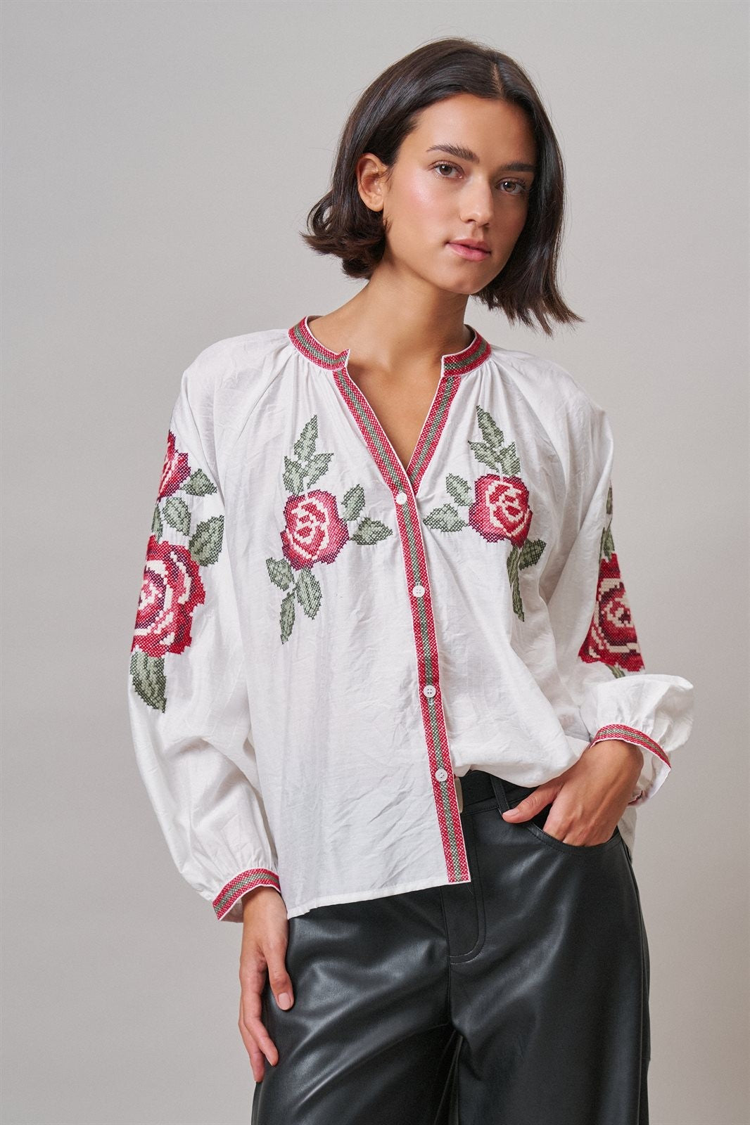 Cross-Stitch Rose Embroidered Peasant Blouse in Ivory - Women's Wholesale Shirts & Blouses | Trend Notes