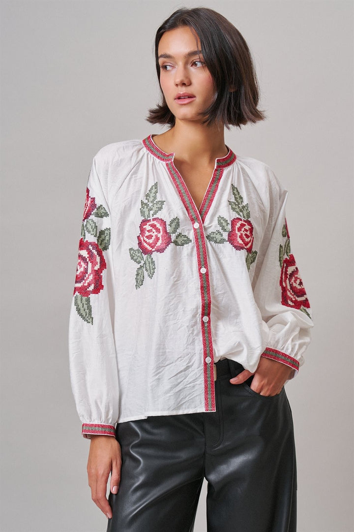 Cross-Stitch Rose Embroidered Peasant Blouse in Ivory - Women's Wholesale Shirts & Blouses | Trend Notes