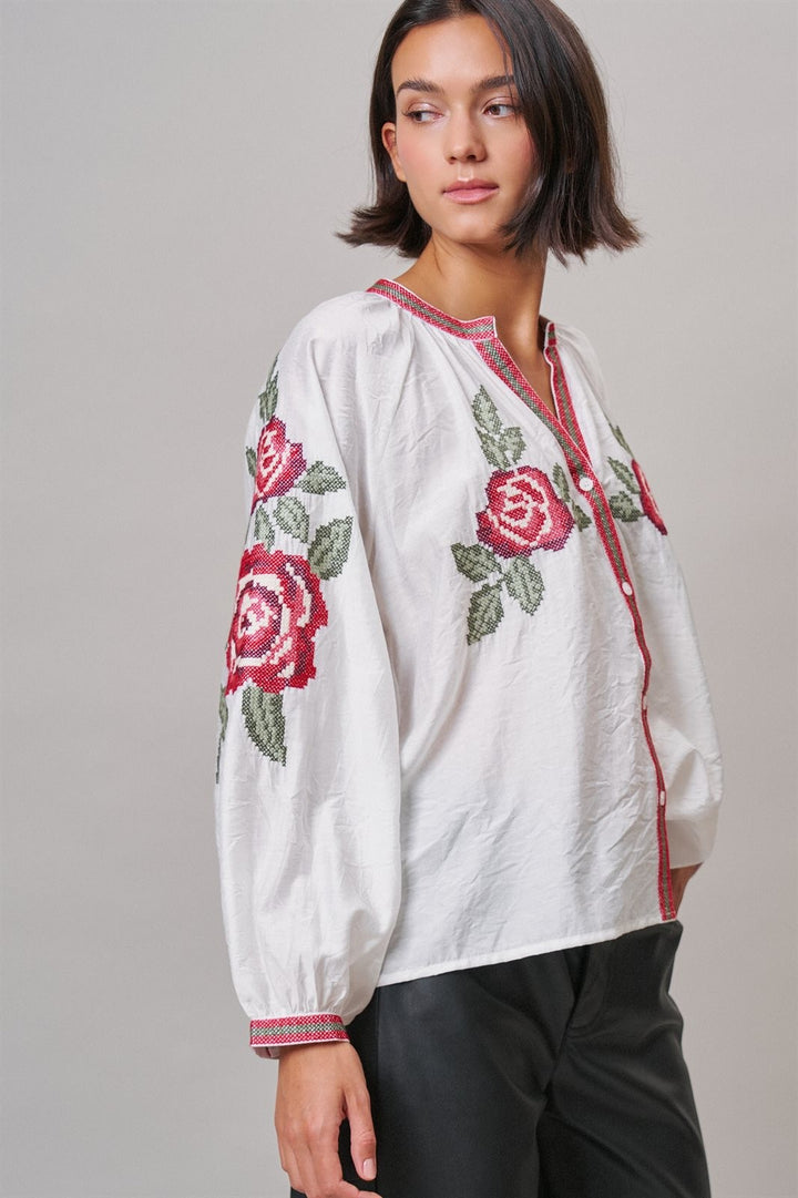 Cross-Stitch Rose Embroidered Peasant Blouse in Ivory - Women's Wholesale Shirts & Blouses | Trend Notes