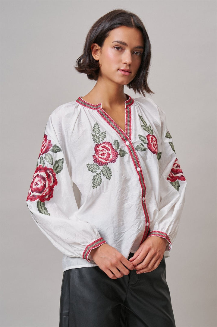Cross-Stitch Rose Embroidered Peasant Blouse in Ivory - Women's Wholesale Shirts & Blouses | Trend Notes