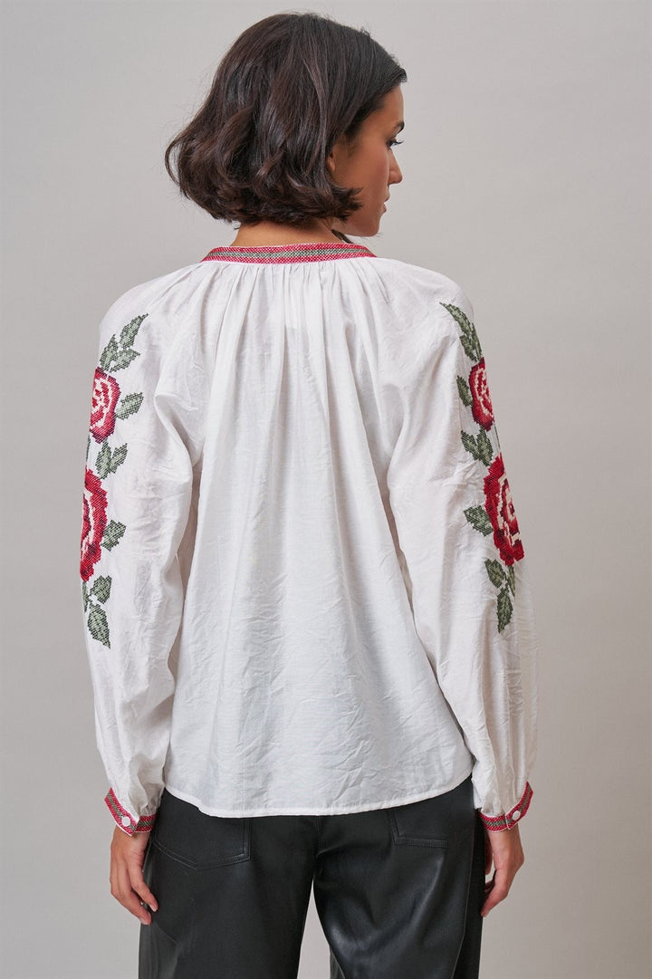 Cross-Stitch Rose Embroidered Peasant Blouse in Ivory - Women's Wholesale Shirts & Blouses | Trend Notes