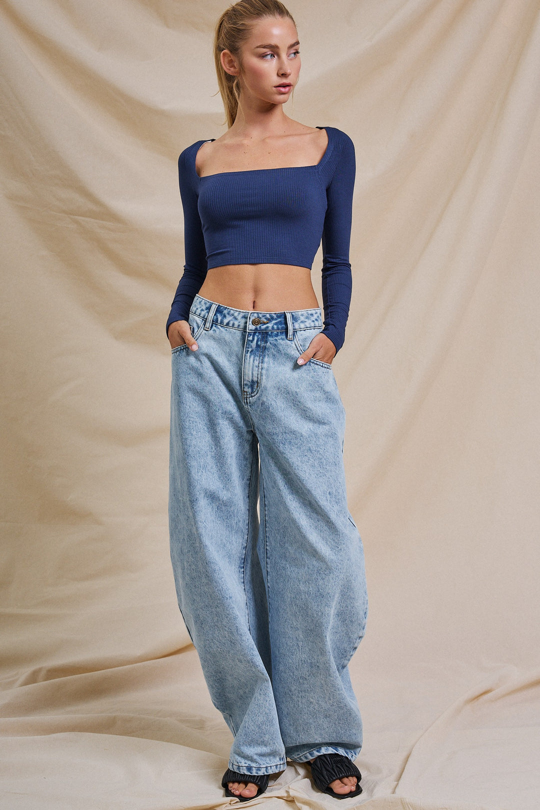 Lace-Up Back Square Neck Ribbed Crop Top in Navy - Women's Wholesale Fashion | Trend Notes