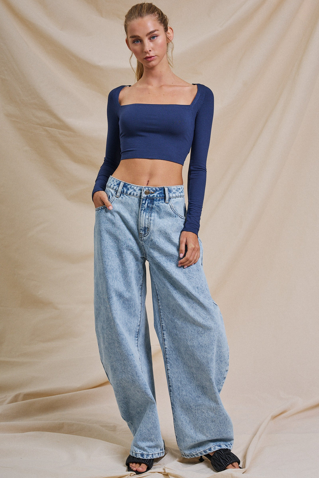 Lace-Up Back Square Neck Ribbed Crop Top in Navy - Women's Wholesale Fashion | Trend Notes
