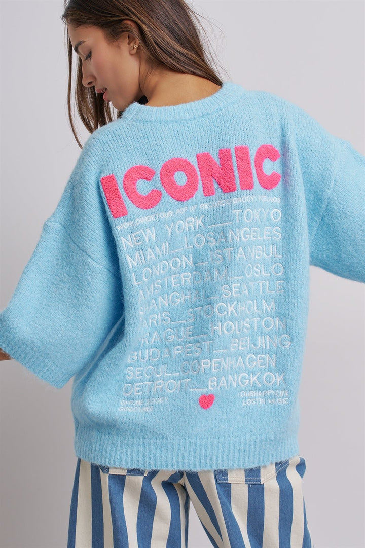 Iconic City Graphic Elbow Sleeve Knit Sweater in Blue - Women's Wholesale Fashion | Trend Notes