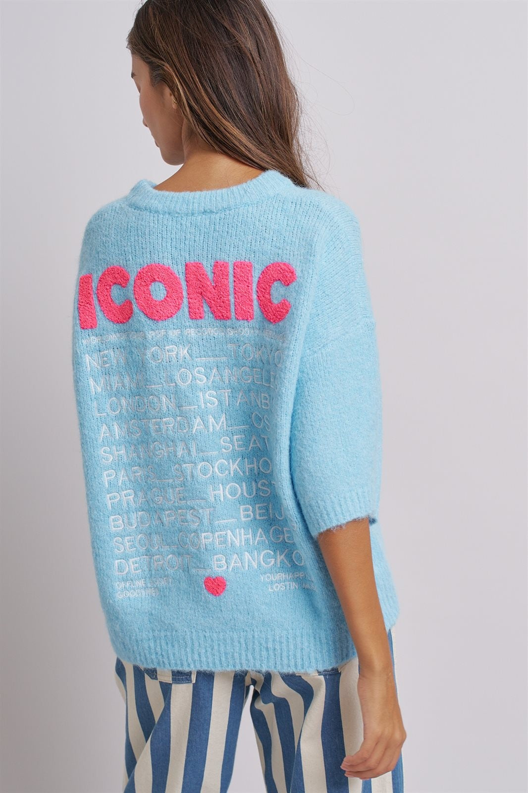 Iconic City Graphic Elbow Sleeve Knit Sweater in Blue - Women's Wholesale Fashion | Trend Notes