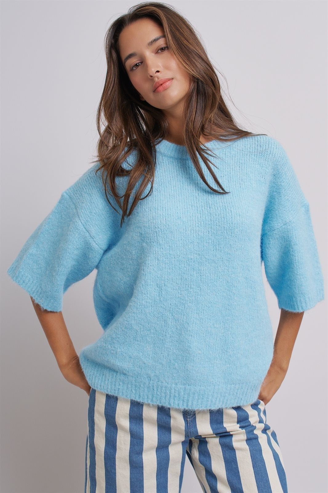 Iconic City Graphic Elbow Sleeve Knit Sweater in Blue - Women's Wholesale Fashion | Trend Notes