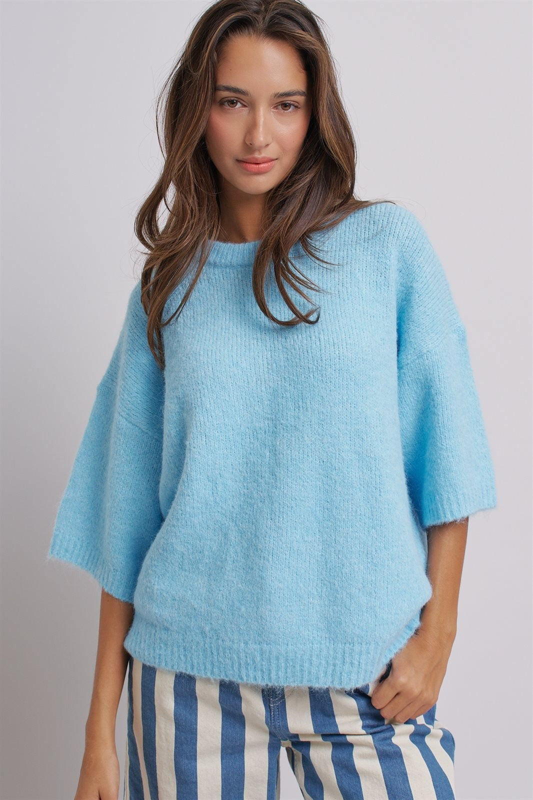 Iconic City Graphic Elbow Sleeve Knit Sweater in Blue - Women's Wholesale Fashion | Trend Notes