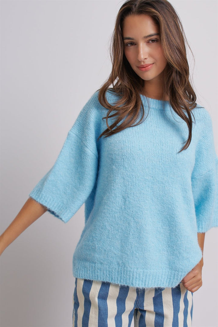 Iconic City Graphic Elbow Sleeve Knit Sweater in Blue - Women's Wholesale Fashion | Trend Notes