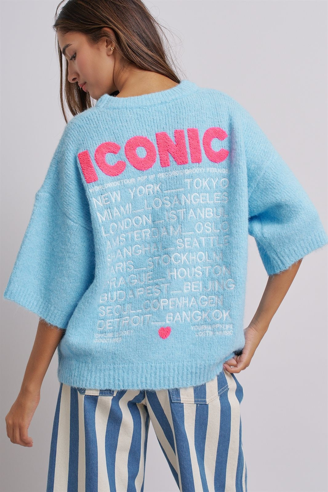 Iconic City Graphic Elbow Sleeve Knit Sweater in Blue - Women's Wholesale Fashion | Trend Notes