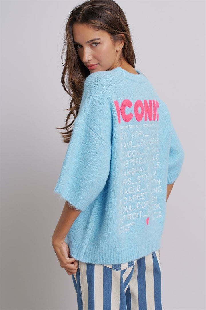 Iconic City Graphic Elbow Sleeve Knit Sweater in Blue - Women's Wholesale Fashion | Trend Notes