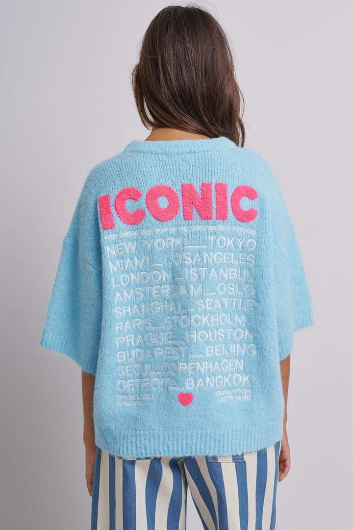 Iconic City Graphic Elbow Sleeve Knit Sweater in Blue - Women's Wholesale Fashion | Trend Notes