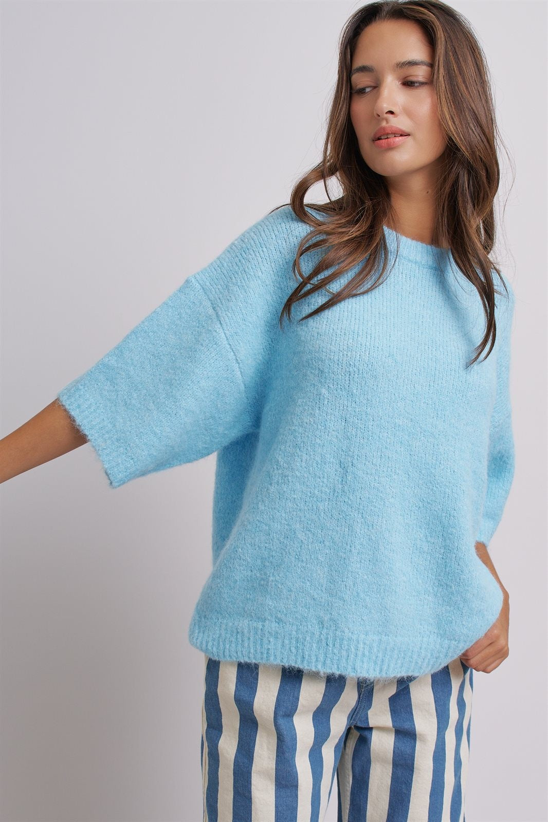 Iconic City Graphic Elbow Sleeve Knit Sweater in Blue - Women's Wholesale Fashion | Trend Notes