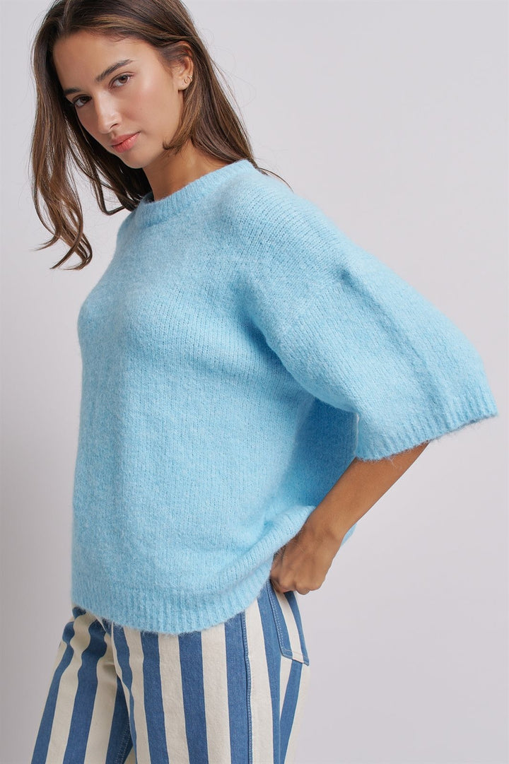 Iconic City Graphic Elbow Sleeve Knit Sweater in Blue - Women's Wholesale Fashion | Trend Notes