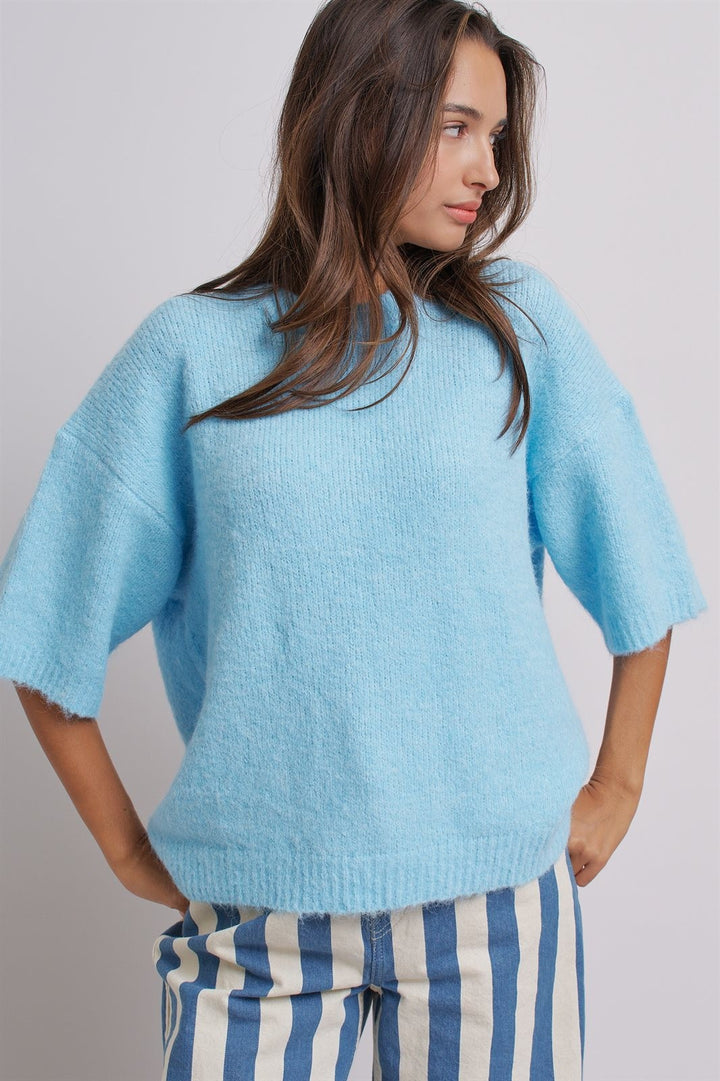 Iconic City Graphic Elbow Sleeve Knit Sweater in Blue - Women's Wholesale Fashion | Trend Notes