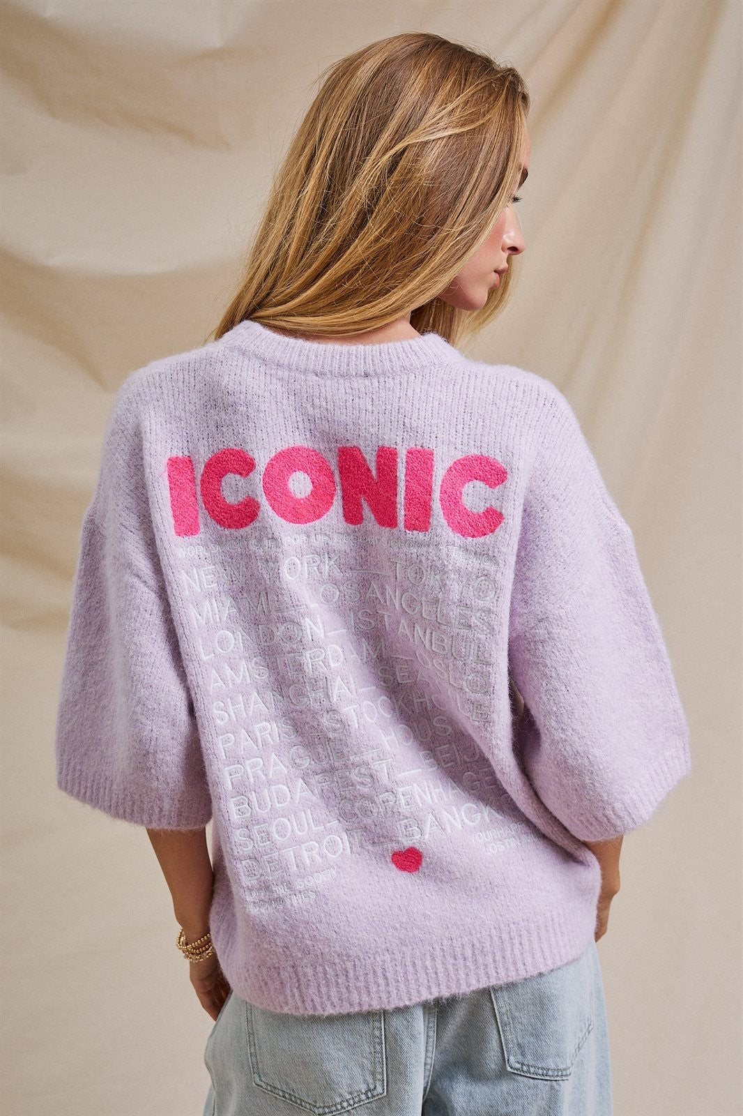 Iconic City Graphic Elbow Sleeve Knit Sweater in Light Purple - Women's Wholesale Fashion | Trend Notes