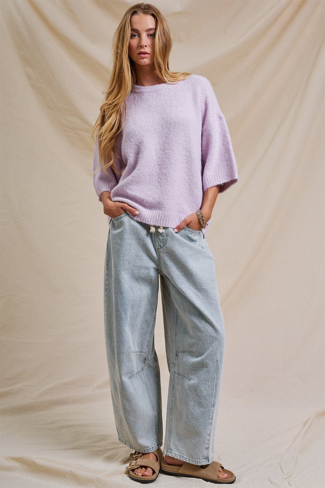 Iconic City Graphic Elbow Sleeve Knit Sweater in Light Purple - Women's Wholesale Fashion | Trend Notes