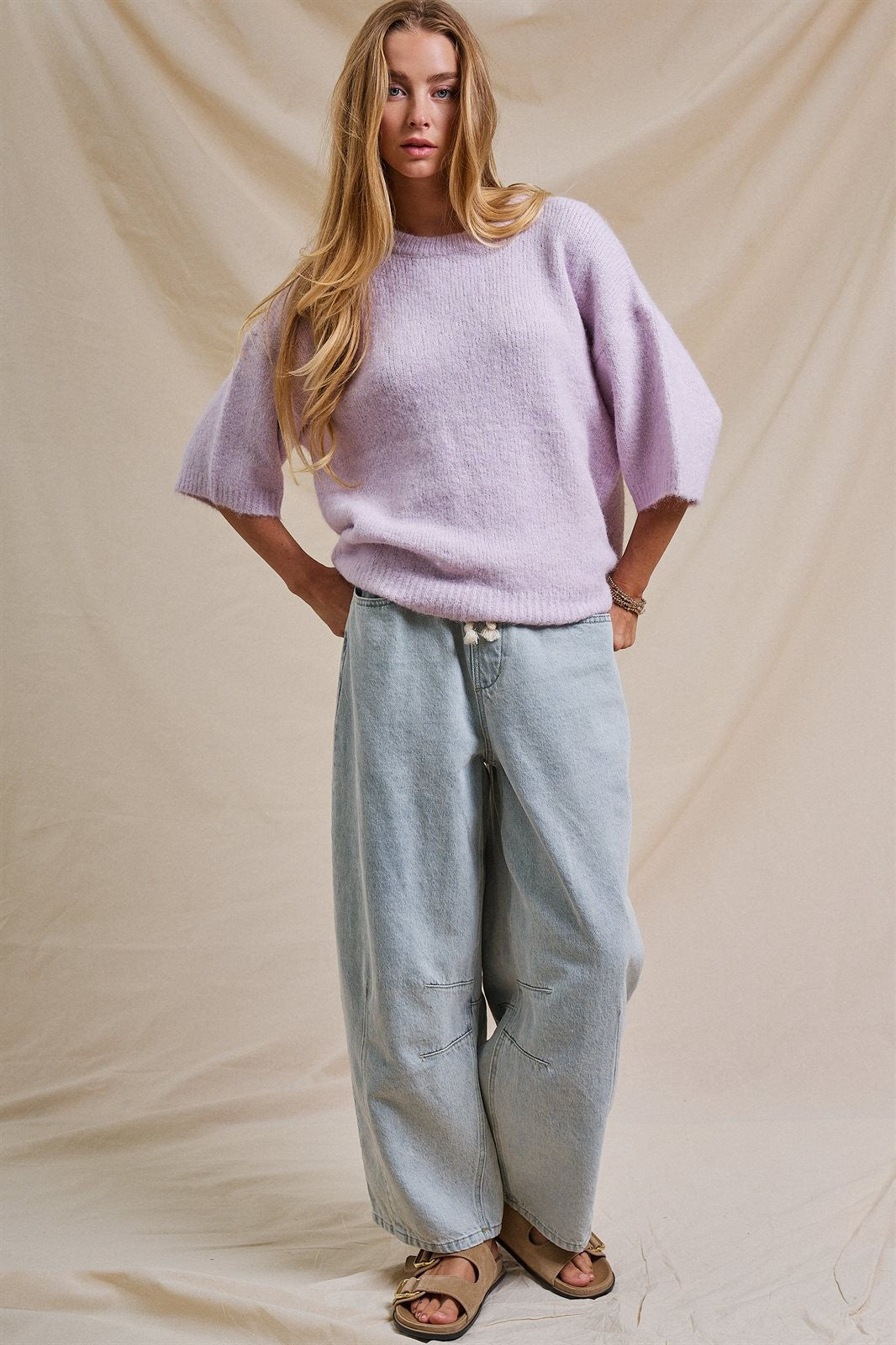 Iconic City Graphic Elbow Sleeve Knit Sweater in Light Purple - Women's Wholesale Fashion | Trend Notes