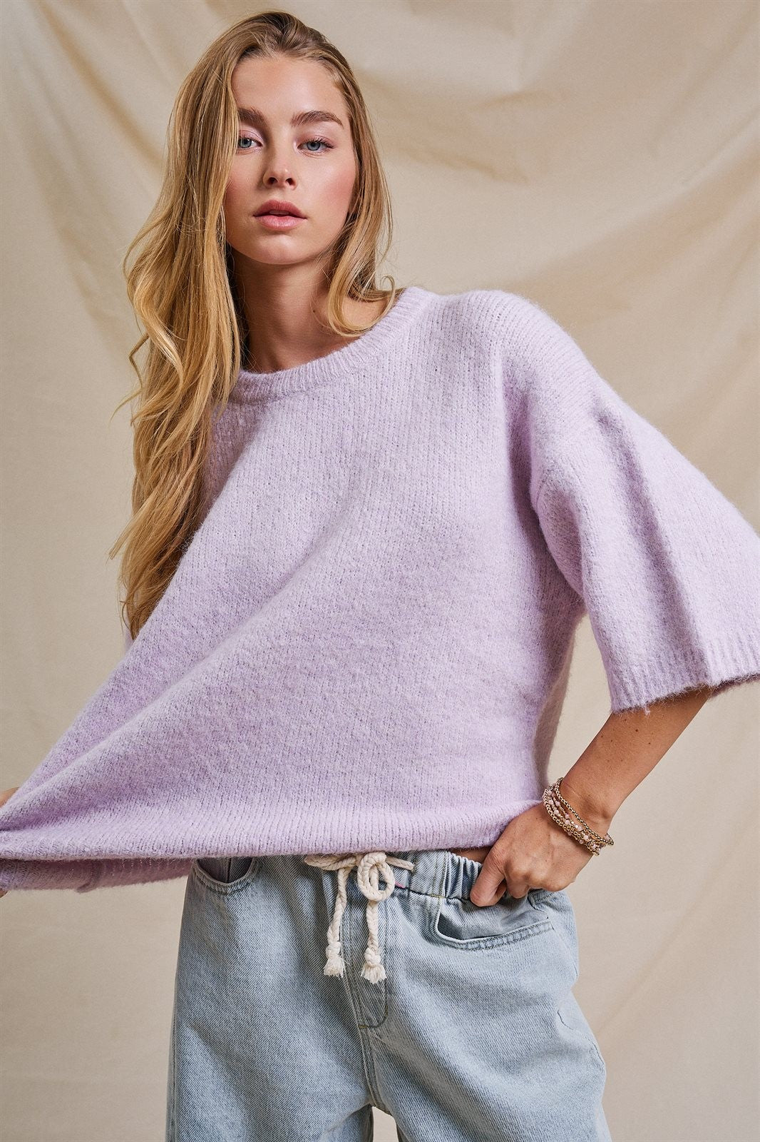 Iconic City Graphic Elbow Sleeve Knit Sweater in Light Purple - Women's Wholesale Fashion | Trend Notes