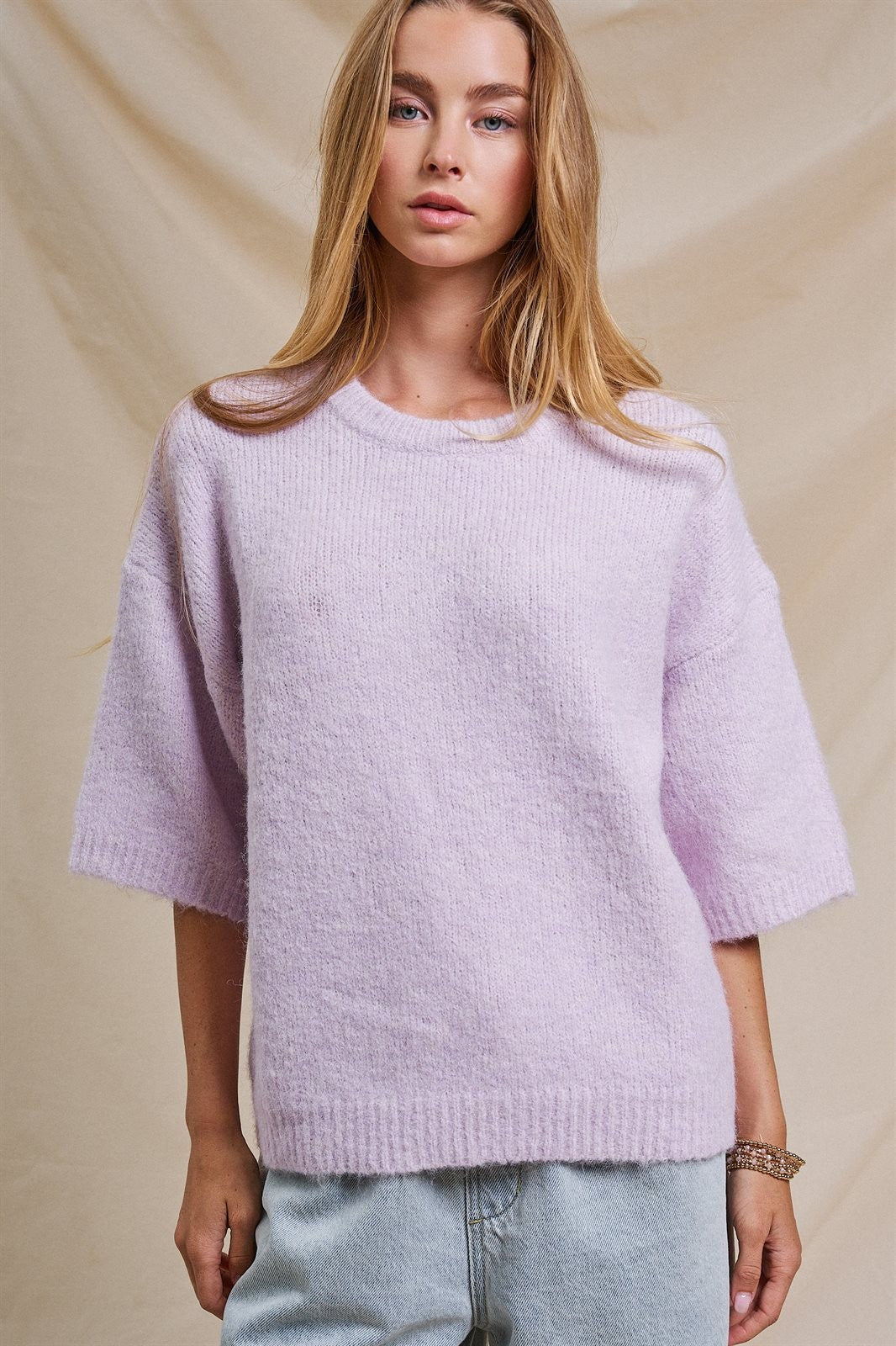 Iconic City Graphic Elbow Sleeve Knit Sweater in Light Purple - Women's Wholesale Fashion | Trend Notes