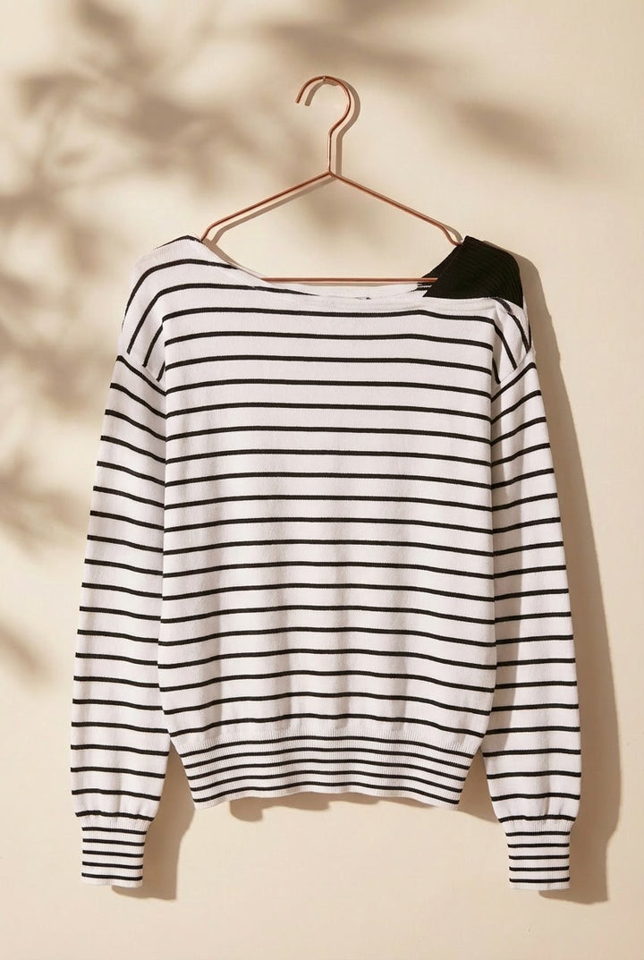 Chic One-Shoulder Stripe Top in Ivory Black - Women's Wholesale Fashion | Trend Notes