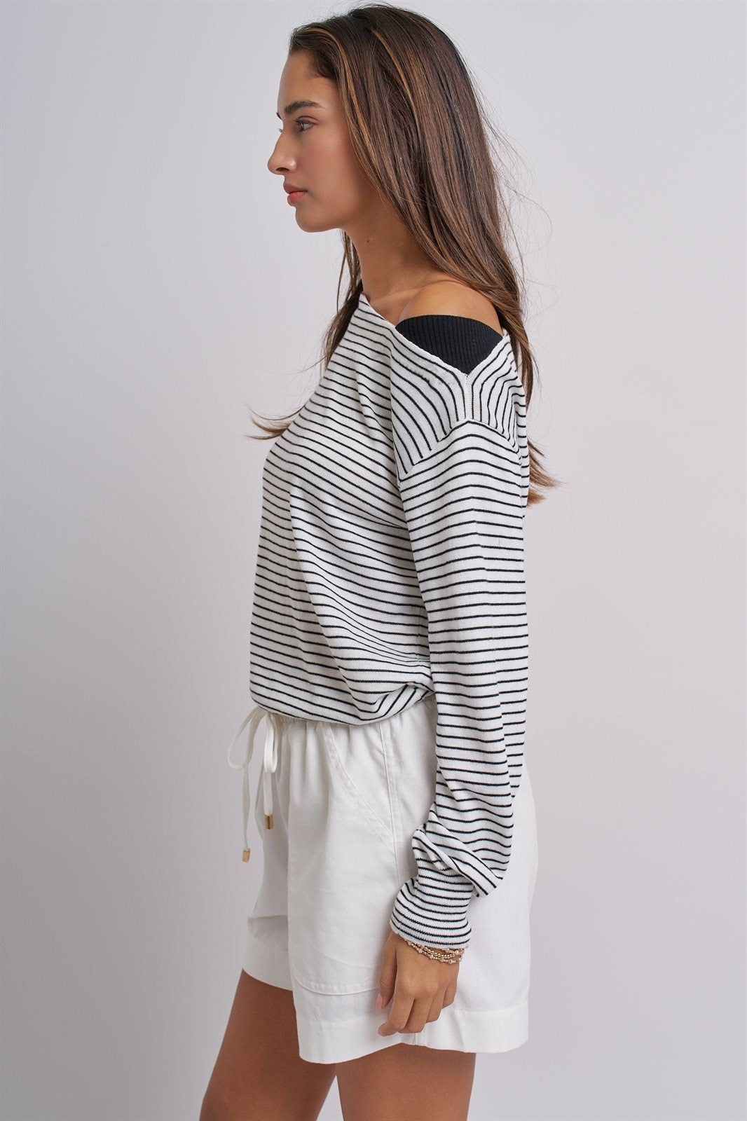 Chic One-Shoulder Stripe Top in Ivory Black - Women's Wholesale Fashion | Trend Notes