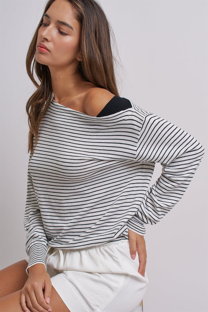Chic One-Shoulder Stripe Top in Ivory Black - Women's Wholesale Fashion | Trend Notes