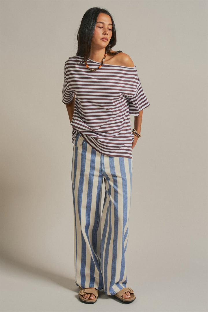 One Shoulder Short Sleeve Top in Brown Stripe - Women's Wholesale Fashion | Trend Notes