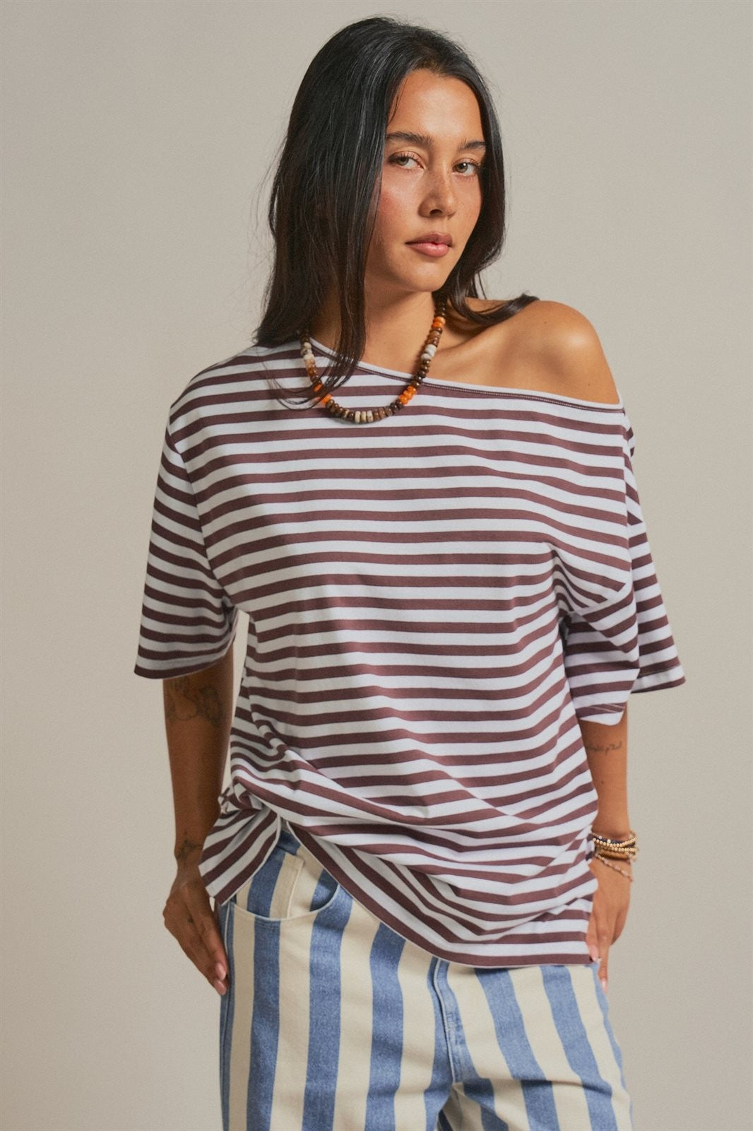 One Shoulder Short Sleeve Top in Brown Stripe - Women's Wholesale Fashion | Trend Notes