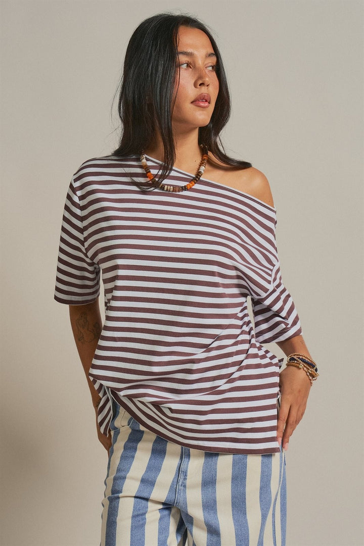 One Shoulder Short Sleeve Top in Brown Stripe - Women's Wholesale Fashion | Trend Notes